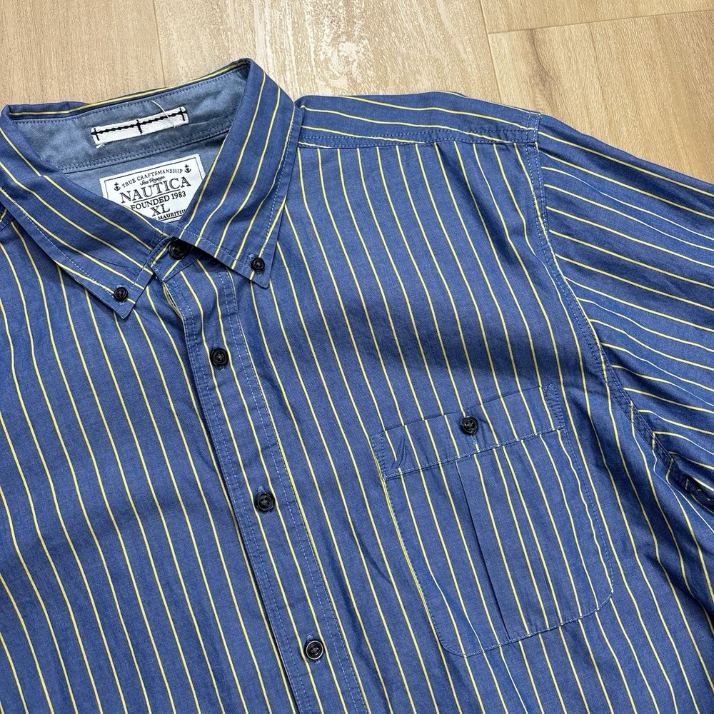 Nautica Mens XL Blue And Yellow Stripe Down Long Sleeve Preppy Business